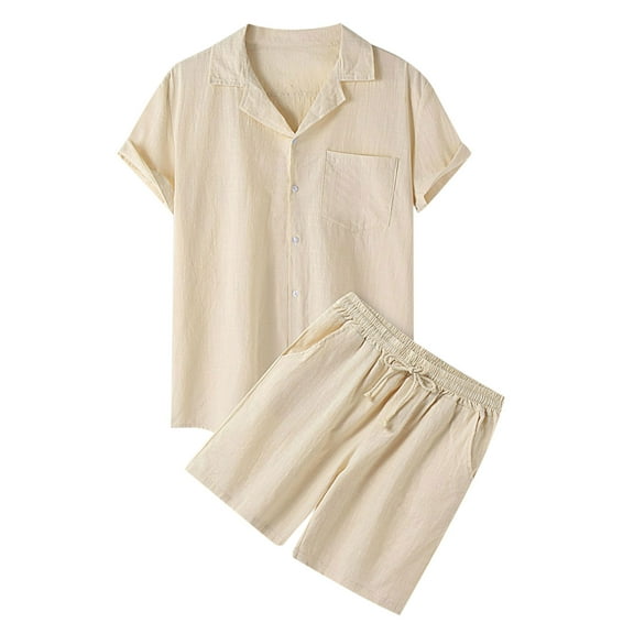 Fanxing Men 2 Piece Linen Set Beach Guayabera Outfit Button Down Shirt and Shorts, Short Sleeve Shirt Outfit