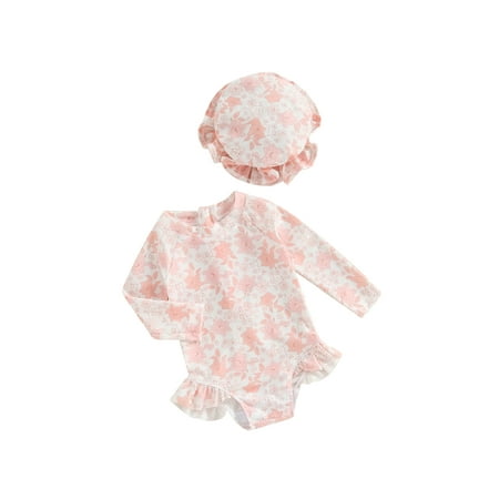 

FEORJGP Toddler Baby Girl Summer Swimsuits Infant Long Sleeve Rompers Floral Print Ruffled Jumpsuit Crew Neck Swimwear and Swim Cap Set for Kids Cute Bathing Suits Beachwear