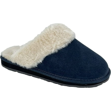 

Clarks Womens Open Back Suede Leather Comfort Clog Slipper JMS0583C - Plush Faux Fur Trim - Indoor Outdoor House Slippers For Women 9 M US Navy
