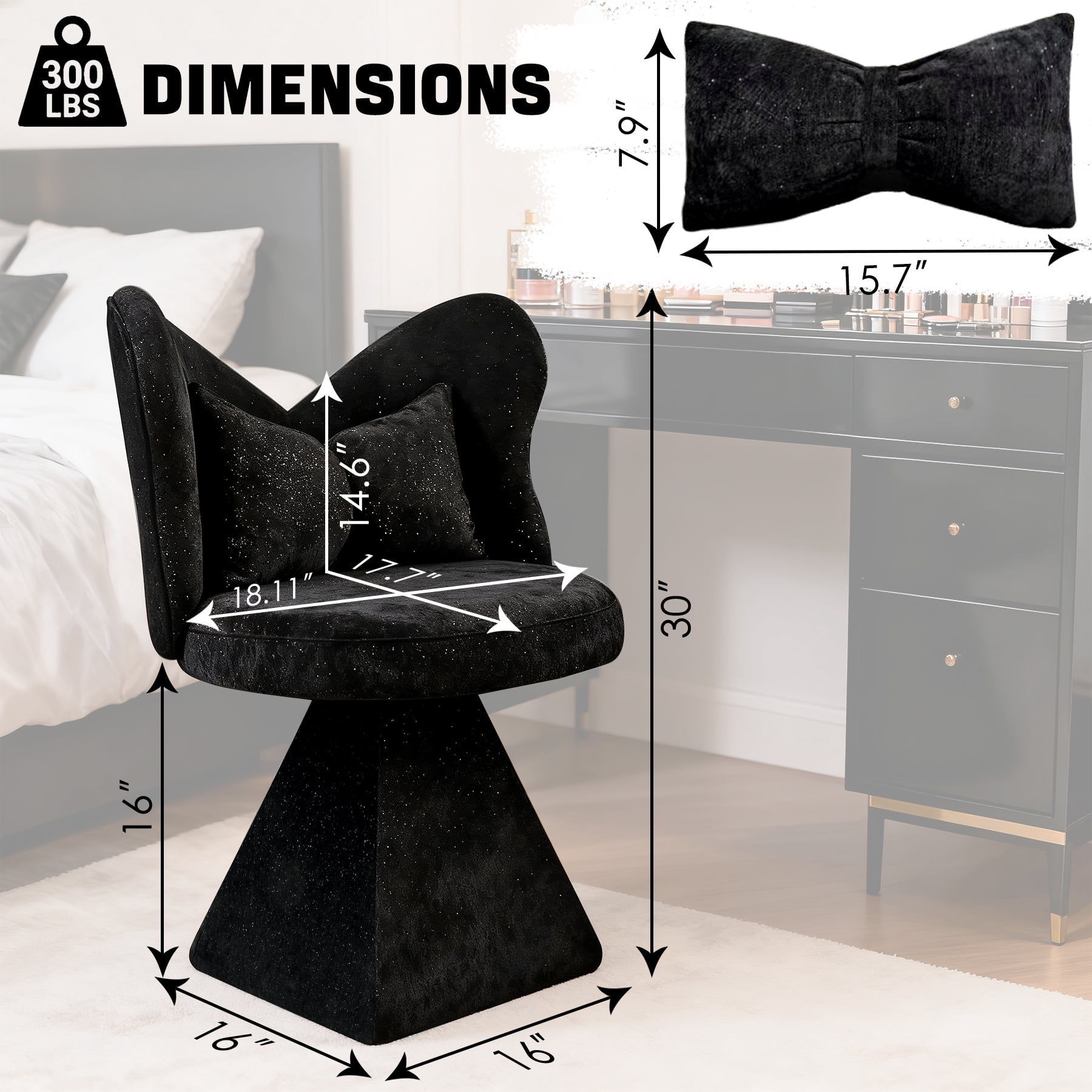 Black Swivel Vanity Chair | 360° Rotating Makeup Chair with Butterfly Back, Chenille Velvet Accent Chair with Decorative Pillow – for Bedroom, Dressing Table, Living Room, Dining, Home Office & Study