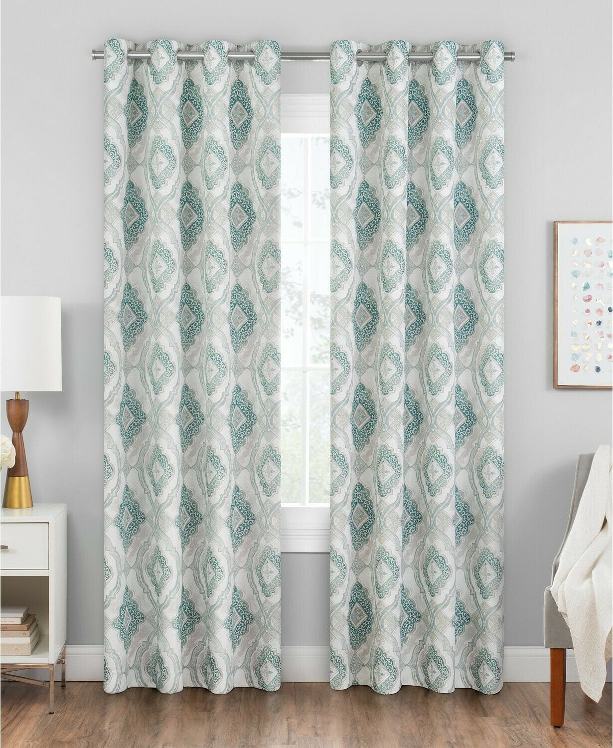 Hudson Hill Marquis 50" x 84" Medallion Grommet Window Curtain Panel Aqua