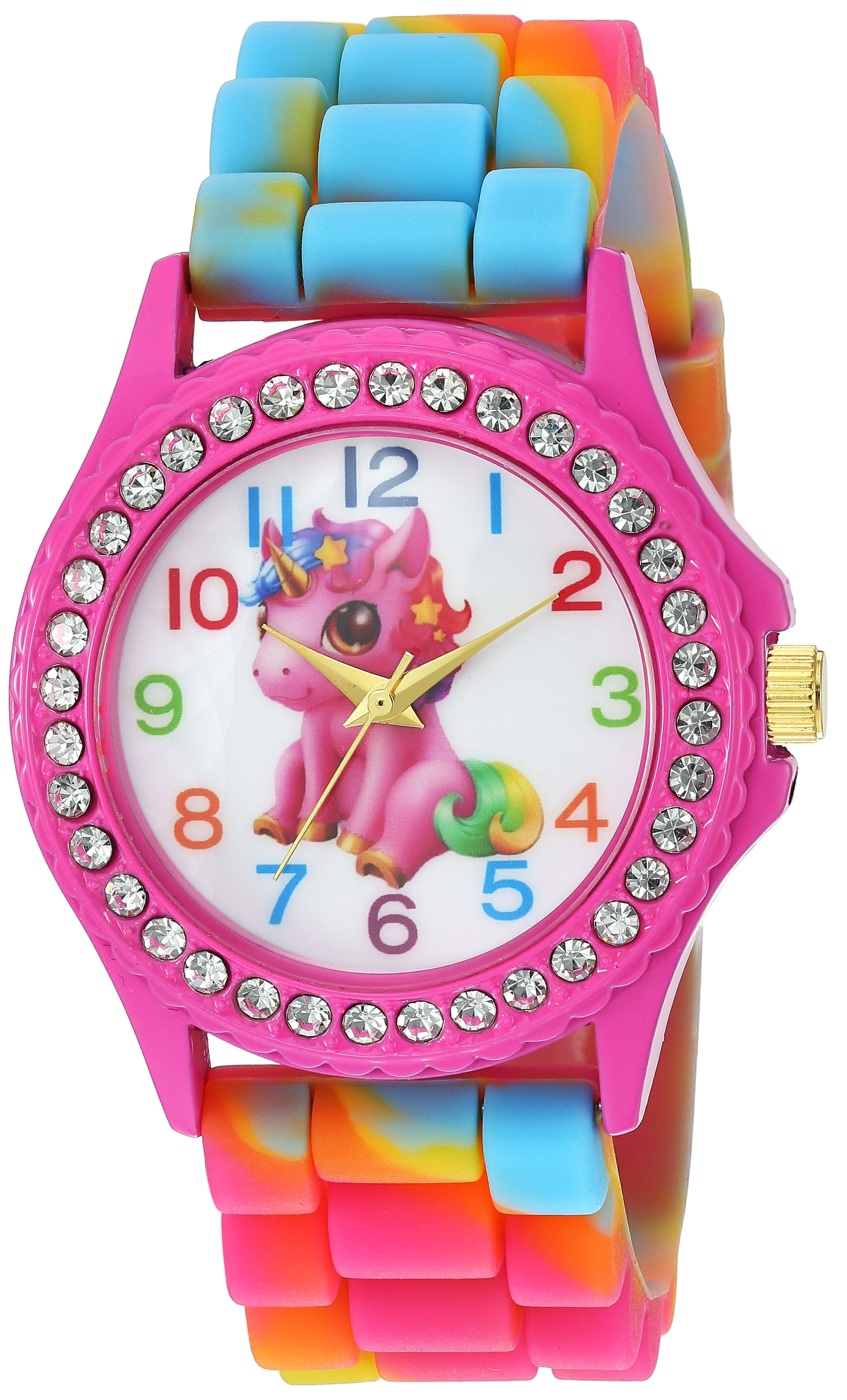 Rhinestone-Accented Hot Pink Lucky Baby Unicorn Gift Watch for Girls. Rainbow Eco Friendly Silicone Band