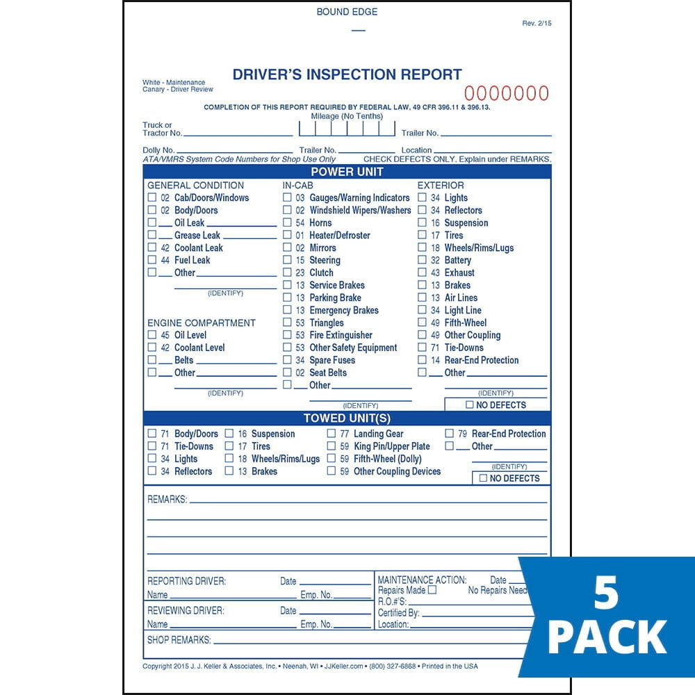 Detailed Driver's Vehicle Inspection Report 5-pk. - Book Format, 3-Ply Carbonless, Blue Ink, 5.5" x 8.5" - 31 Sets of Forms Per DVIR Book - Meet FMCSR Requirements - J. J. Keller & Associates