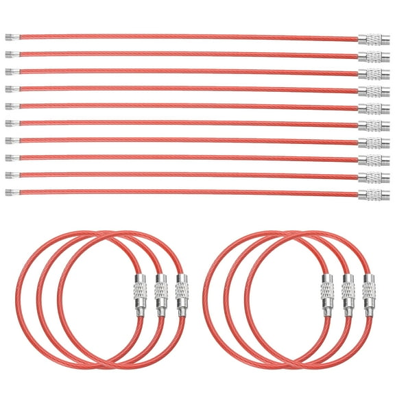 Uxcell 16pcs Wire Keychain Cable 6" Plastic Coated 2mm Stainless Steel Key Ring Cable Loop Rings Red