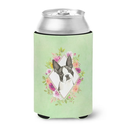 Boston Terrier Green Flowers Can or Bottle Hugger