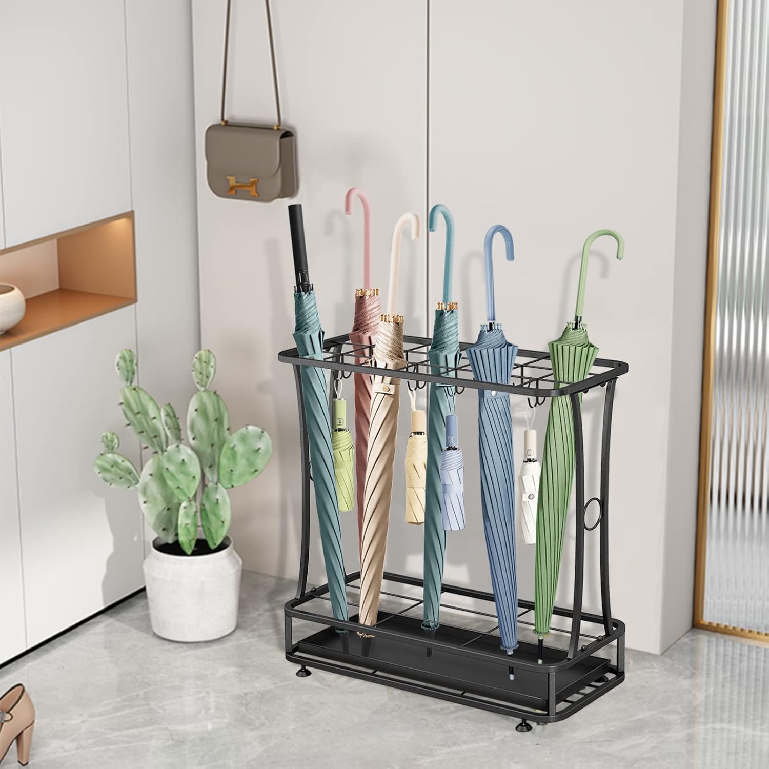 Metal Umbrella Holder Stand with Removable Drip Tray, Industrial Free Standing Umbrella Rack Organizer for Entryway Home Office Patio Decor