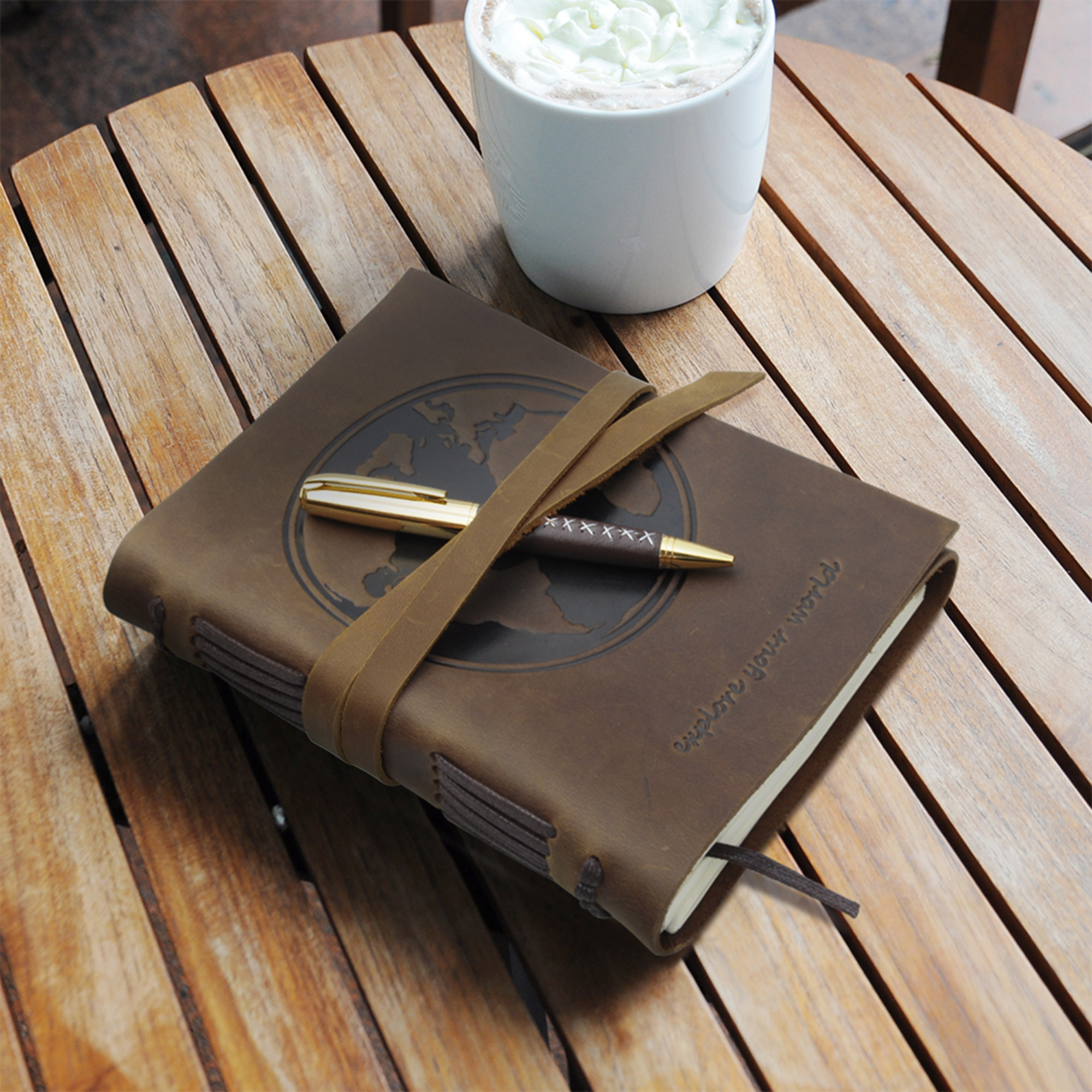 Leather Bound Journal for Men and Women, Handmade Gift Set with World Map Embossed Journal and Stylish Pen, Vintage and Classic, Notebook, Sketchbook, Planner and Diary (300 Pages) (8x6")