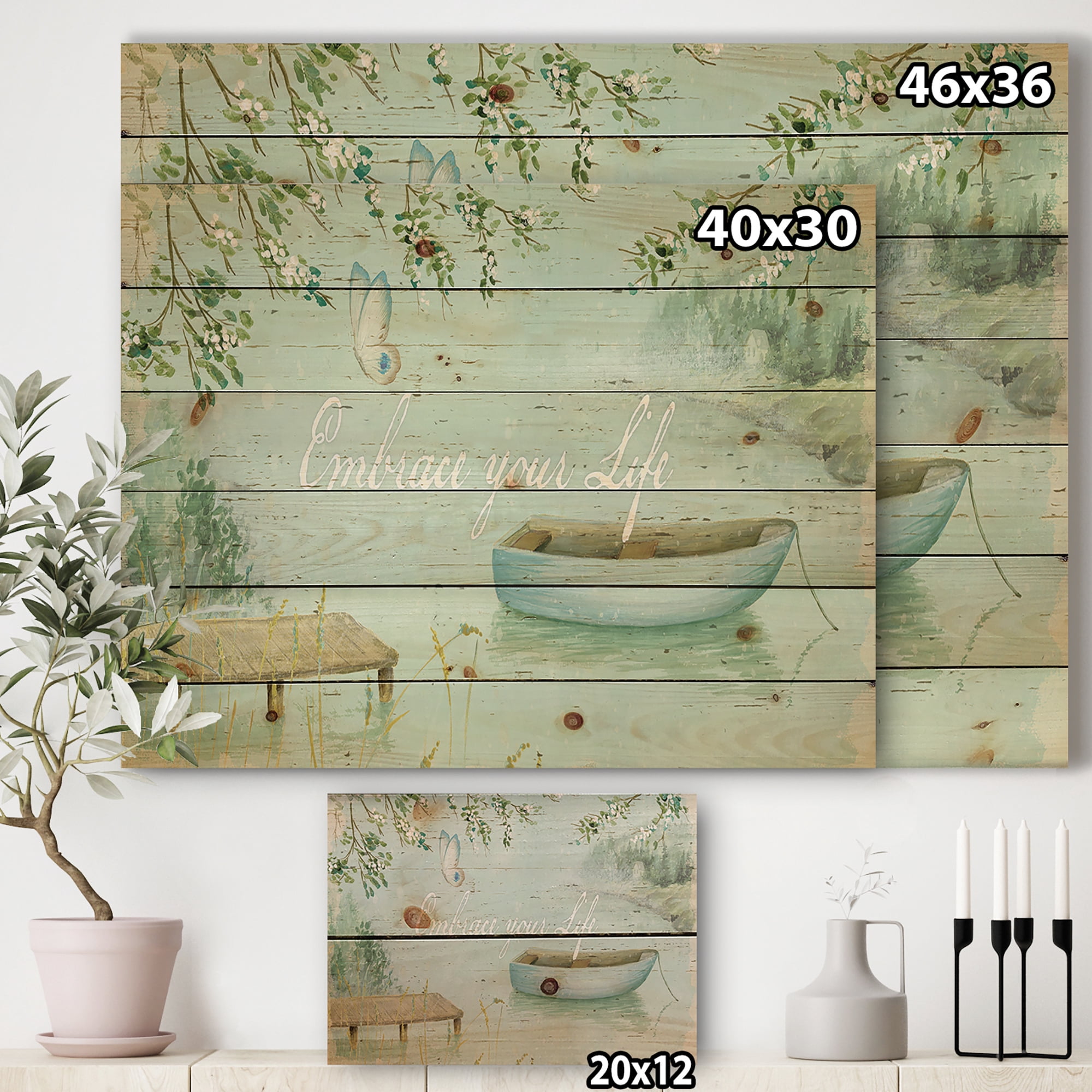 Designart 'Lake House Canoes IV' Lake House Print on Natural Pine Wood