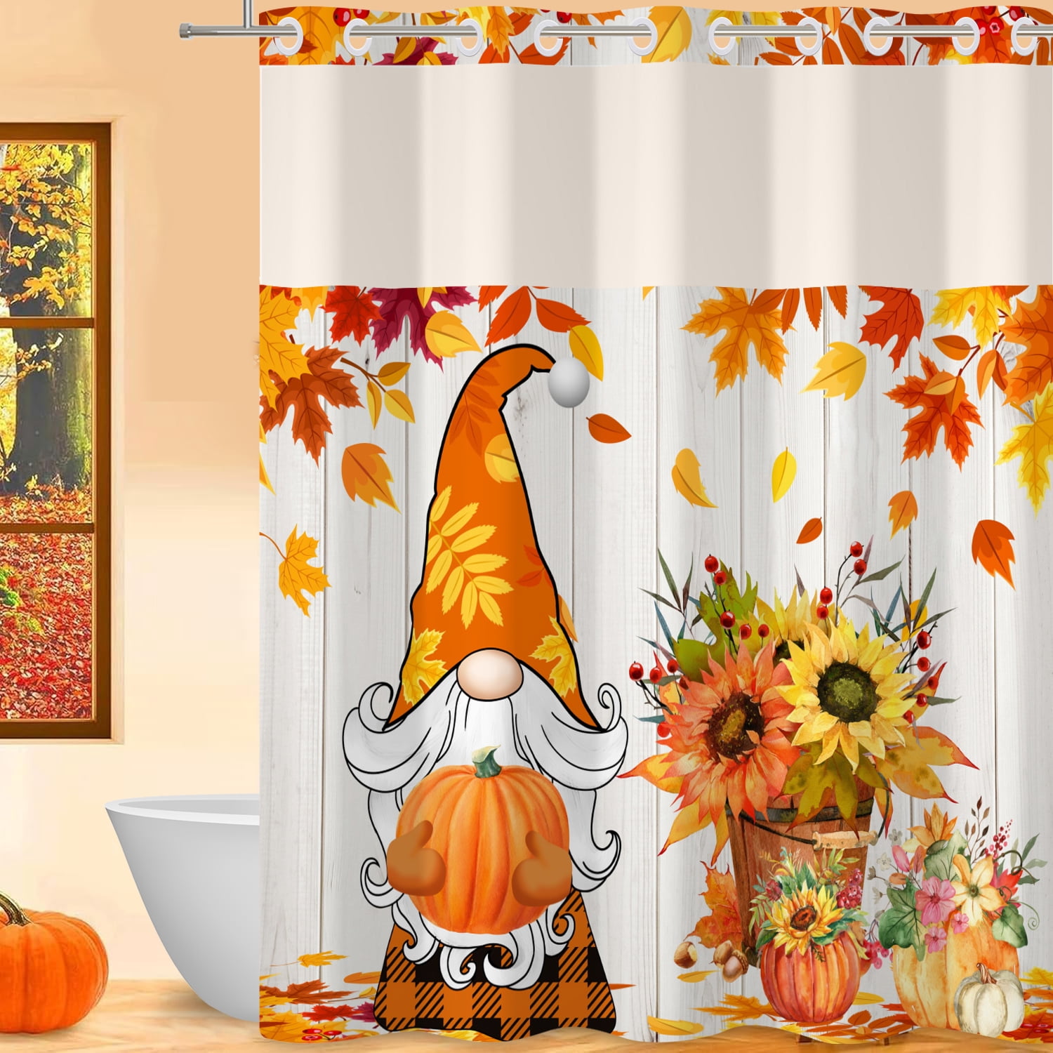 MIZHONA Fall Thanksgiving Shower Curtain with Snap in Liner,Gnomes with Maple Leaves Fabric Bathroom Curtain No Hook,71"×74"