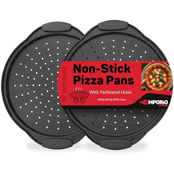 Nonstick Pizza Pan Set with Silicone Handles, Round Carbon Steel Tray 2 Pack 13-Inch with Perforated Holes, Oven & Dishwasher Safe Gray Marble