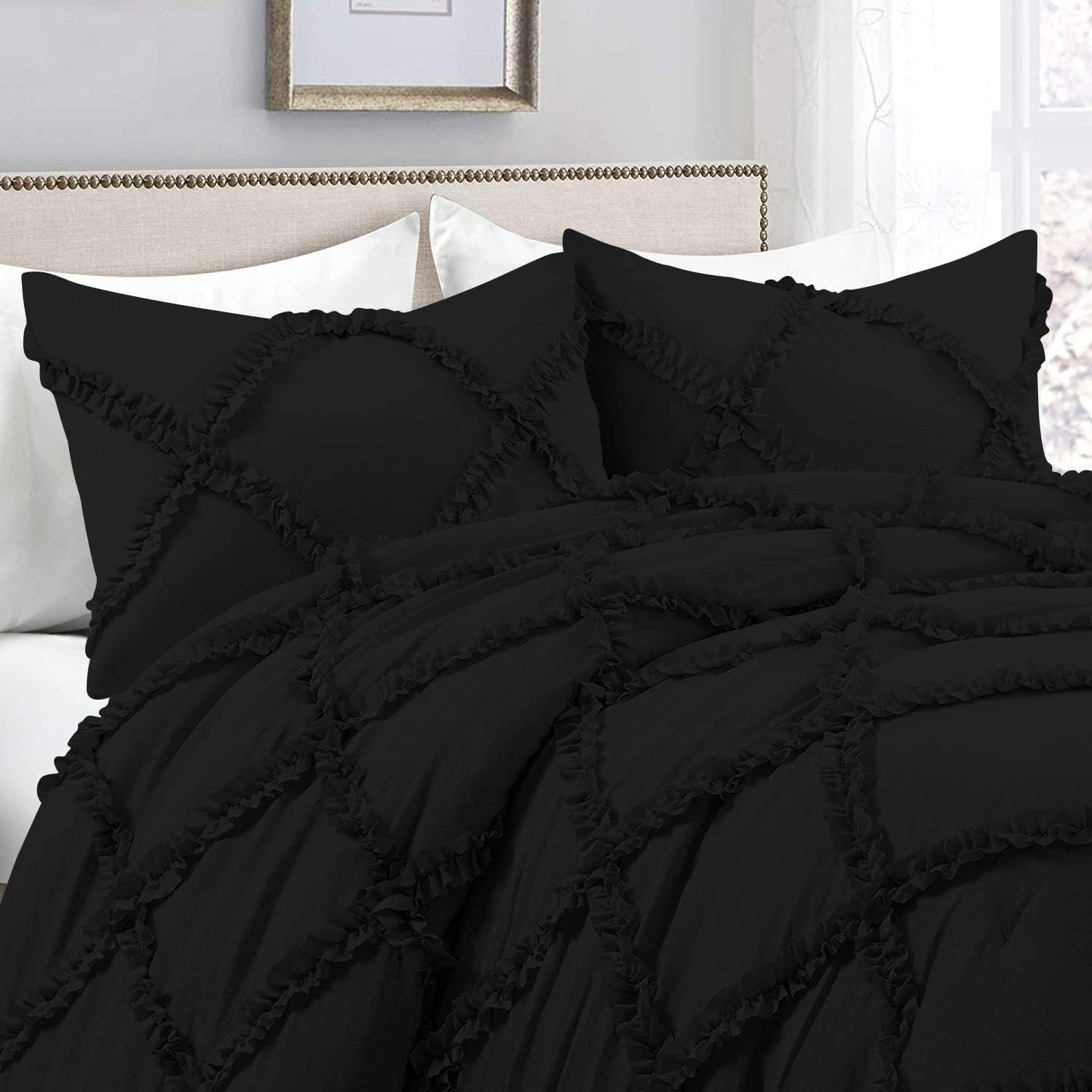 Duvet Cover Diamond Ruffle with Zipper Closure 1 Piece Oversized Queen (98" x 98") Inches 100% Cotton 800 TC Premium Hotel Class Decorative Bedding with Corner Ties - Black Solid