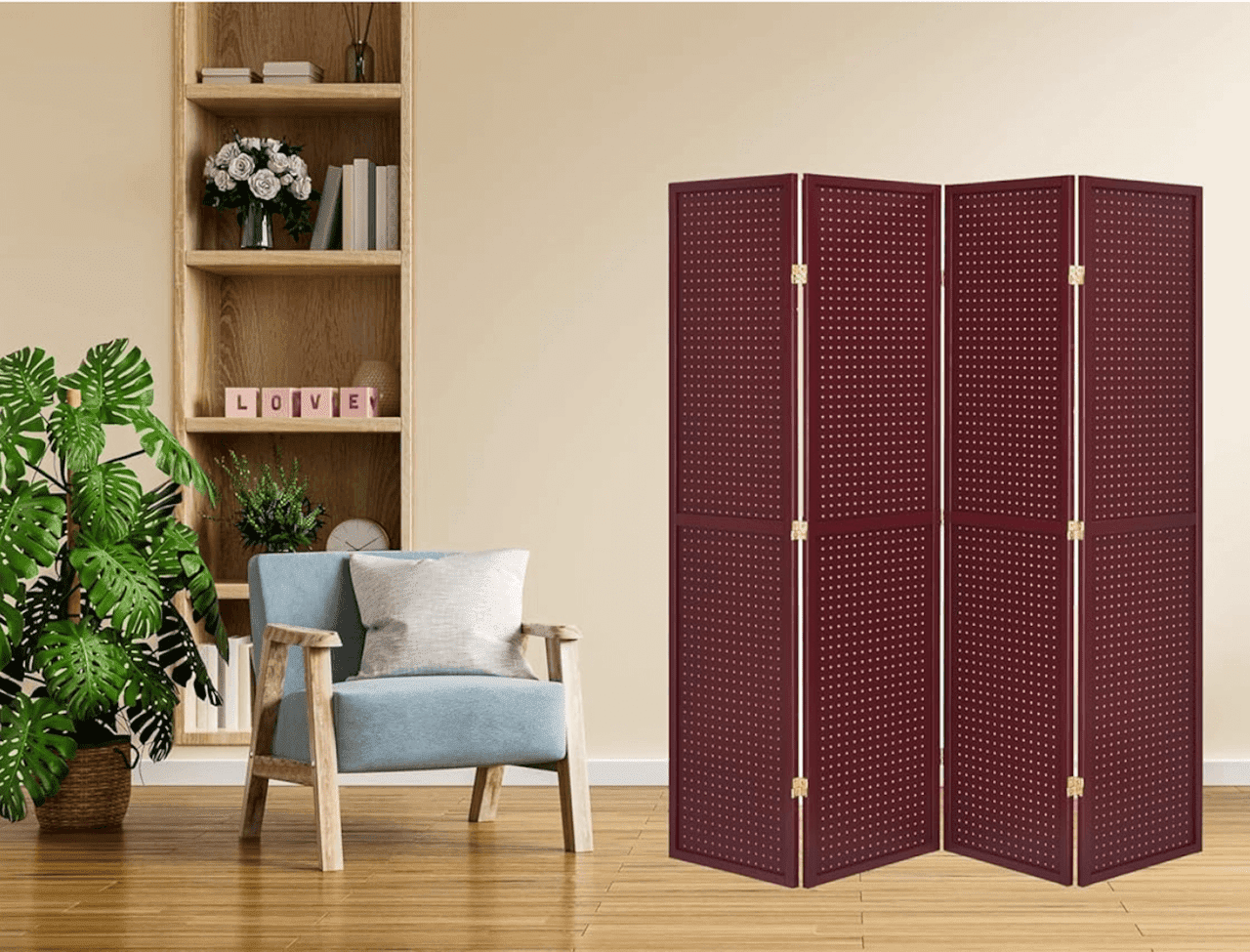 4 Panels Room Divider Folding Screen Pegboard Insert Red Color 71' High x 70" Wide Freestanding