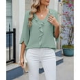 thumbnail image 6 of Ajshakl Green V-Neck Casual T Shirts for Women, 2025 Chiffon Shirt Mid Sleeved Pleated Ruffled Loose Top Mid Sleeved Top, 6 of 7