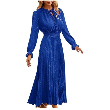 qolati Women Fall Cocktail Dress Casual Loose Long Sleeve Mock Neck Elastic Waist Formal Dress Elegant A Line Boho Flowy Tiered Maxi Long Dress