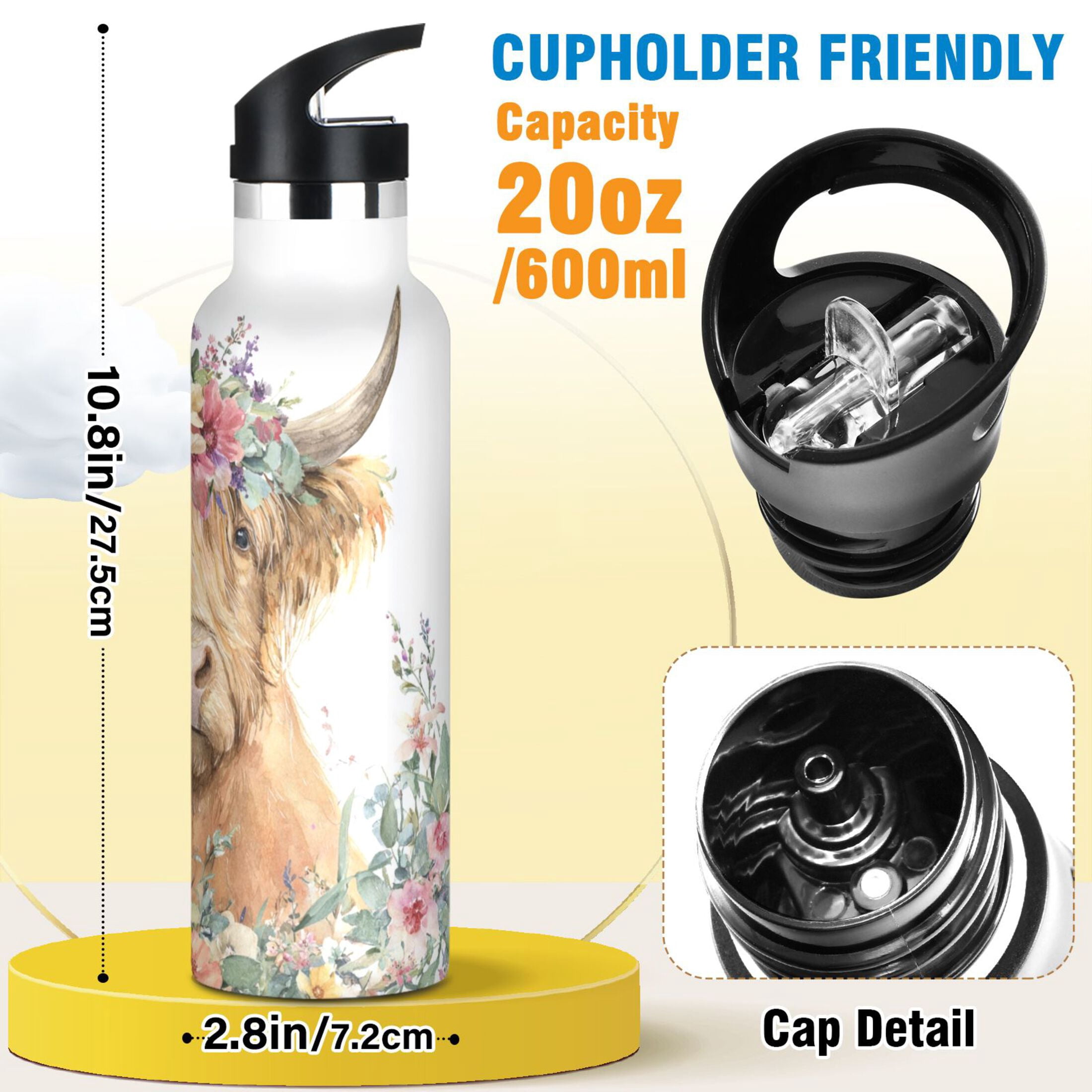 Kids Insulated Stainless Steel Sports Water Bottle 600ml Highland Cow with Flowers