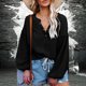 thumbnail image 3 of Camisa de manga globo con cuello en V para mujer Camisa holgada informal con cuello en V profundo con linterna de un solo pecho Camisa de algodón de manga larga Jersey Top Negro M, 3 of 6