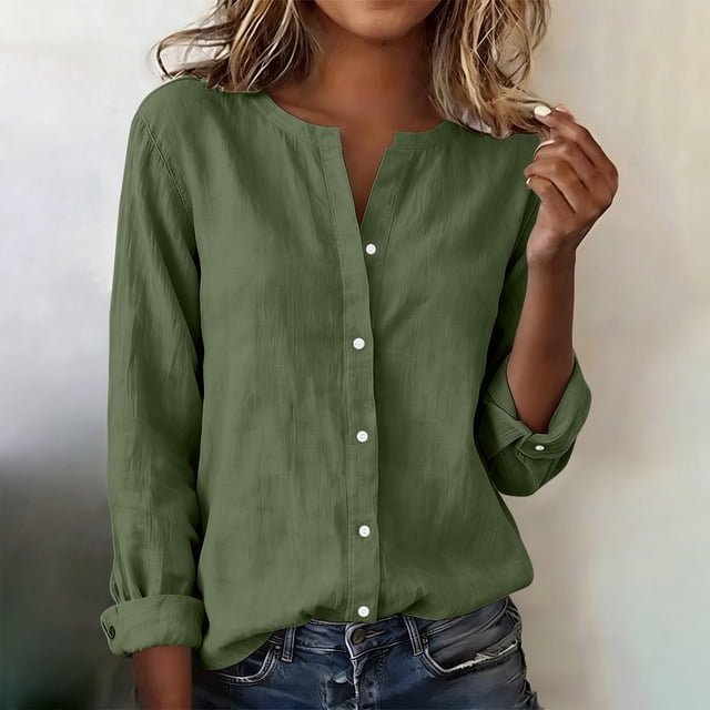 Pounoo Cotton Linen Tops for Women V Neck Button Down Long Sleeve Shirt ...