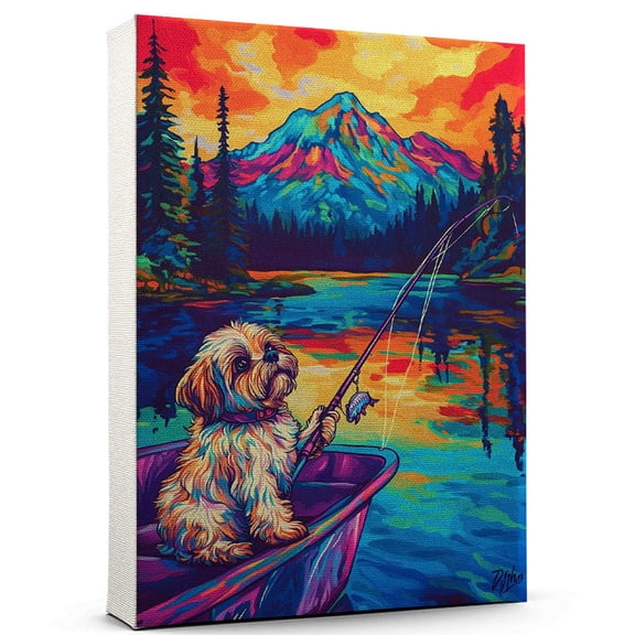 Shih Tzu Dog Stretched Canvas Size 8x12 Fishing Canvas – Cute Shih Tzu Canvas Wall Art of Puppy Playing Fishing, Perfect for Dog and Sports Fans