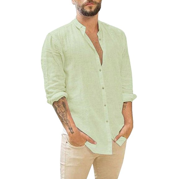 Men's Casual Long Sleeve Button Down Solid Shirt Turn Tops Green XL