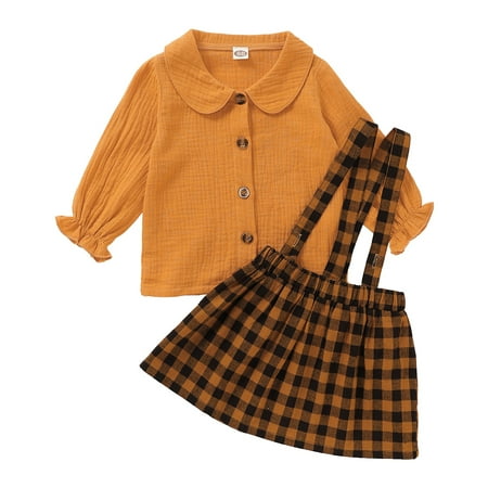 

OLLUISNEO Infant Baby Girls Dress Outfits 12 Months Winter Clothes 18 Months Doll Collar Long Sleeve Shirt Checked Suspender Dress 2 PCS Set Yellow