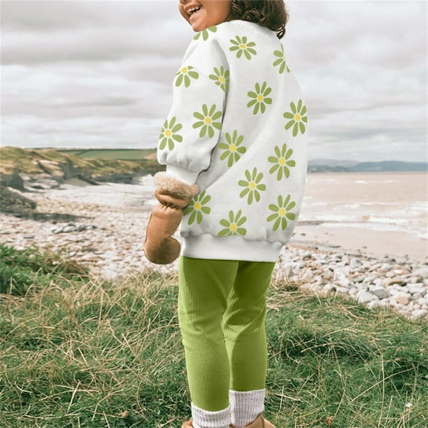 Odeerbi 2-8 Años Conjunto Niña Sudadera Daisy Algodón Cuello Redondo Mallas Conjunto Dos Piezas Primavera Sudadera Cintura Elástica Pantalones Largos