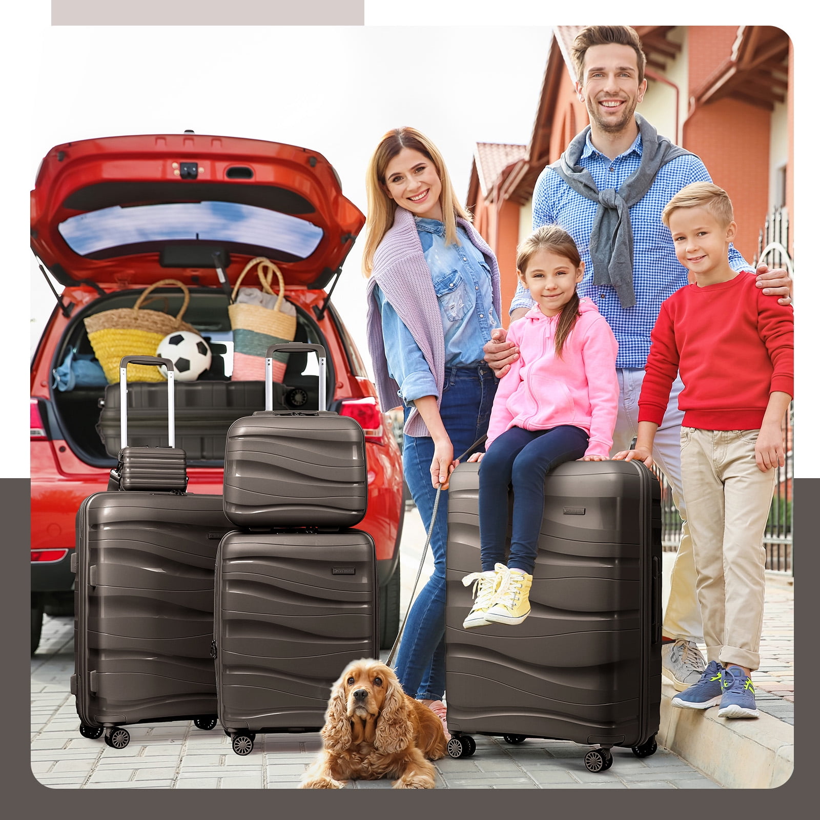 Joyway 5-Piece Luggage Set PP Hardshell Spinner Suitcase with TSA Lock - (Expandable Carry-On 20 Inch) (24 Inch 28 Inch) for School, Travel, Weekend-Brown