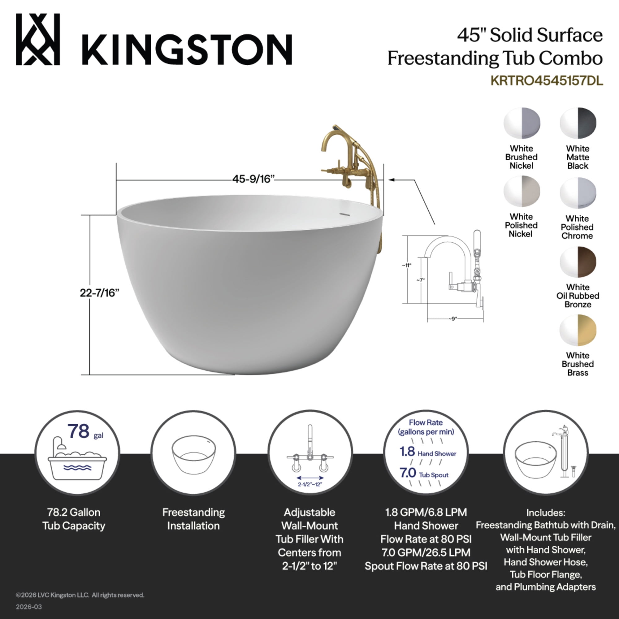 Kingston Brass KRTRO4545157DL 45-Inch Solid Surface Round Double Ended Freestanding Tub with Faucet Combo and Drain in Brushed Brass
