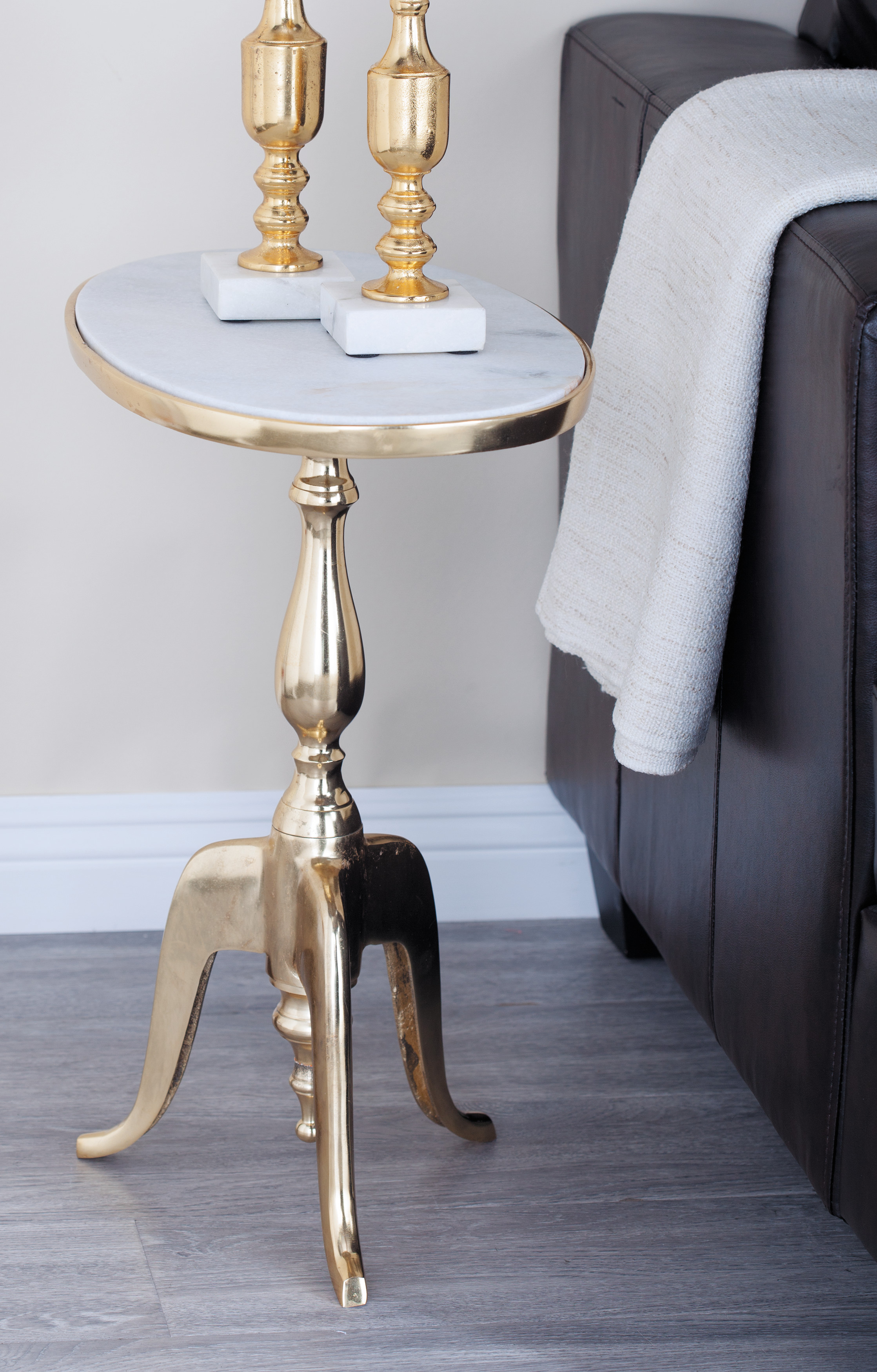 DecMode Oval Light Marble Accent Table With Gold Medal Pedestal Base