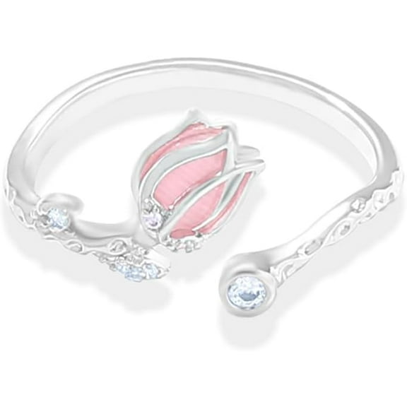 Pink Tulip Flower Ring for Women Cat Eye Stone Floral Wrap Finger Band Open Statement Ring Dainty Stacking Eternity Rings Bands Adjustable Jewelry