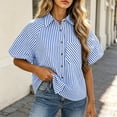 thumbnail image 4 of LEKWK Womens Summer Tops Button Down Short Puff Sleeve Striped Shirts Lightweight V Neck Loose Fit Collared Tops Fashion Casual Daily Outfits, 4 of 5