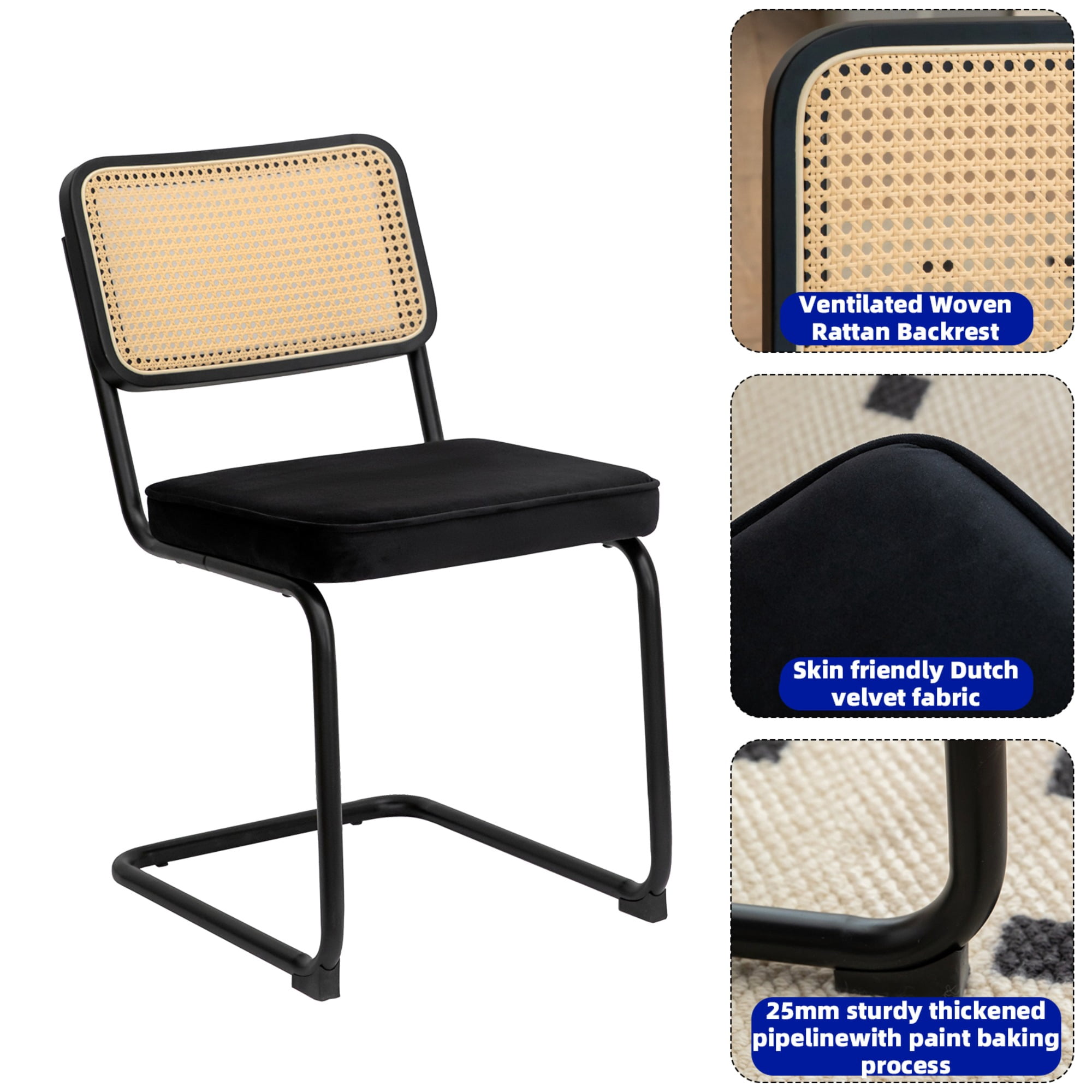 JXXRZ Rattan Dining Chairs Set of 2, Mid Century Modern Kitchen Side Chairs for Dining Living Room, Velvet Upholstered Dining Chairs, Black