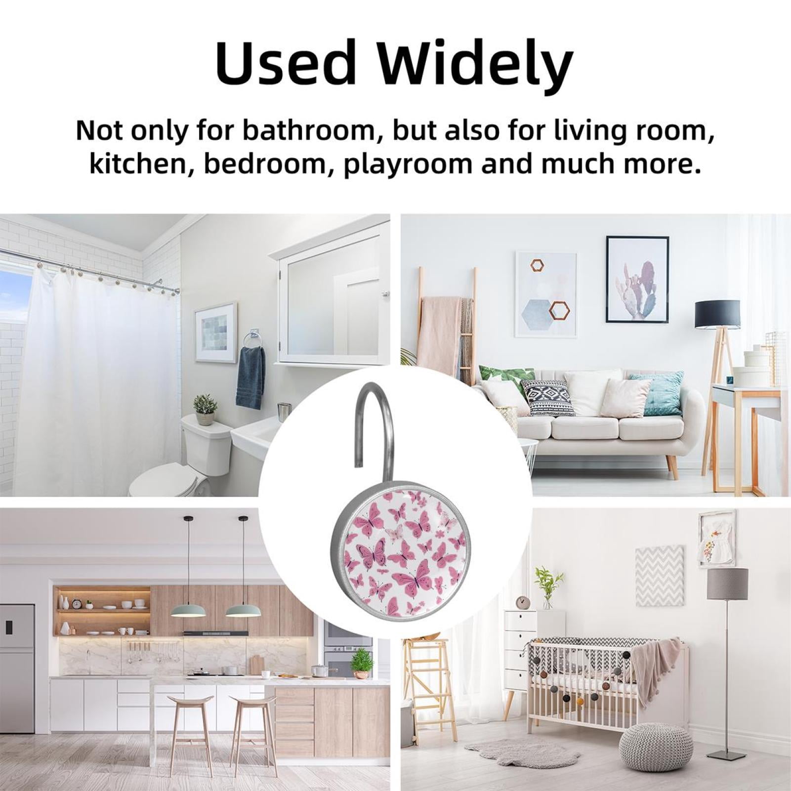 12pcs Decorative Shower Curtain Hooks, Rust Resistant Shower Rings for Bathroom Living Room,Rustproof Stainless Steel Rings for Shower Curtain and Liner Rods,Butterflies Pink