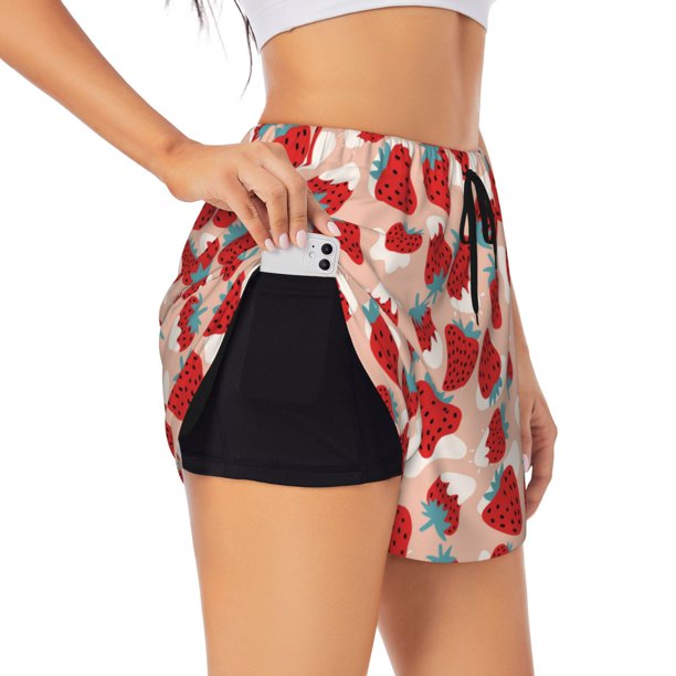 Balery Red Strawberry Pantalones cortos deportivos para mujer con forro y dos bolsillos, elásticos, para entrenamiento, gimnasio, yoga-Large