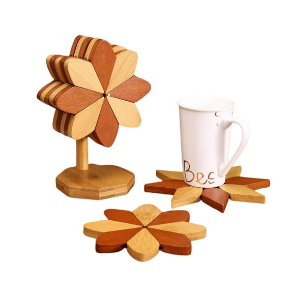 Decorative Wooden Trivet Set, Windmill Flower Design, 5 Pieces with Stand, Trivets for Hot Pots and Pans, Foldable Artisanal Wooden Coasters trivets Set