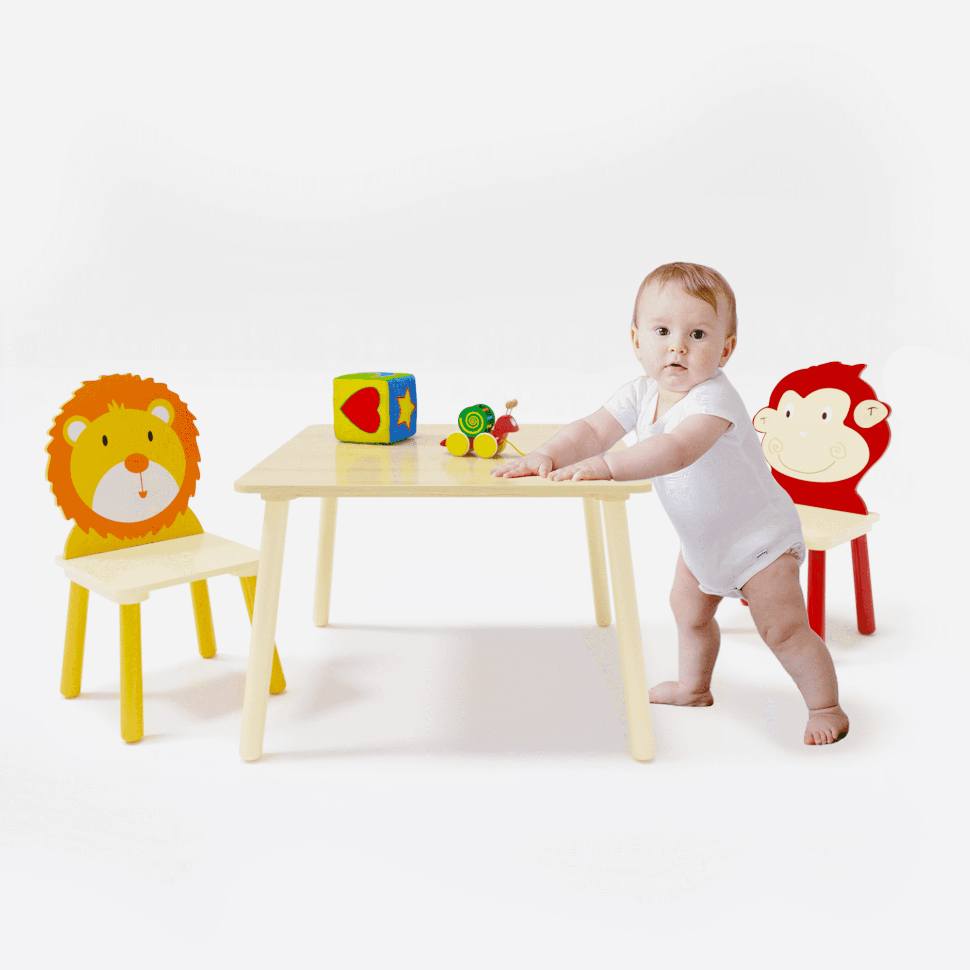GUTALOR Kids Table and Chairs Set, 3-Piece Wooden Toddler Activity Play Table Set with Lion & Monkey Design, Durable & Safe for Children