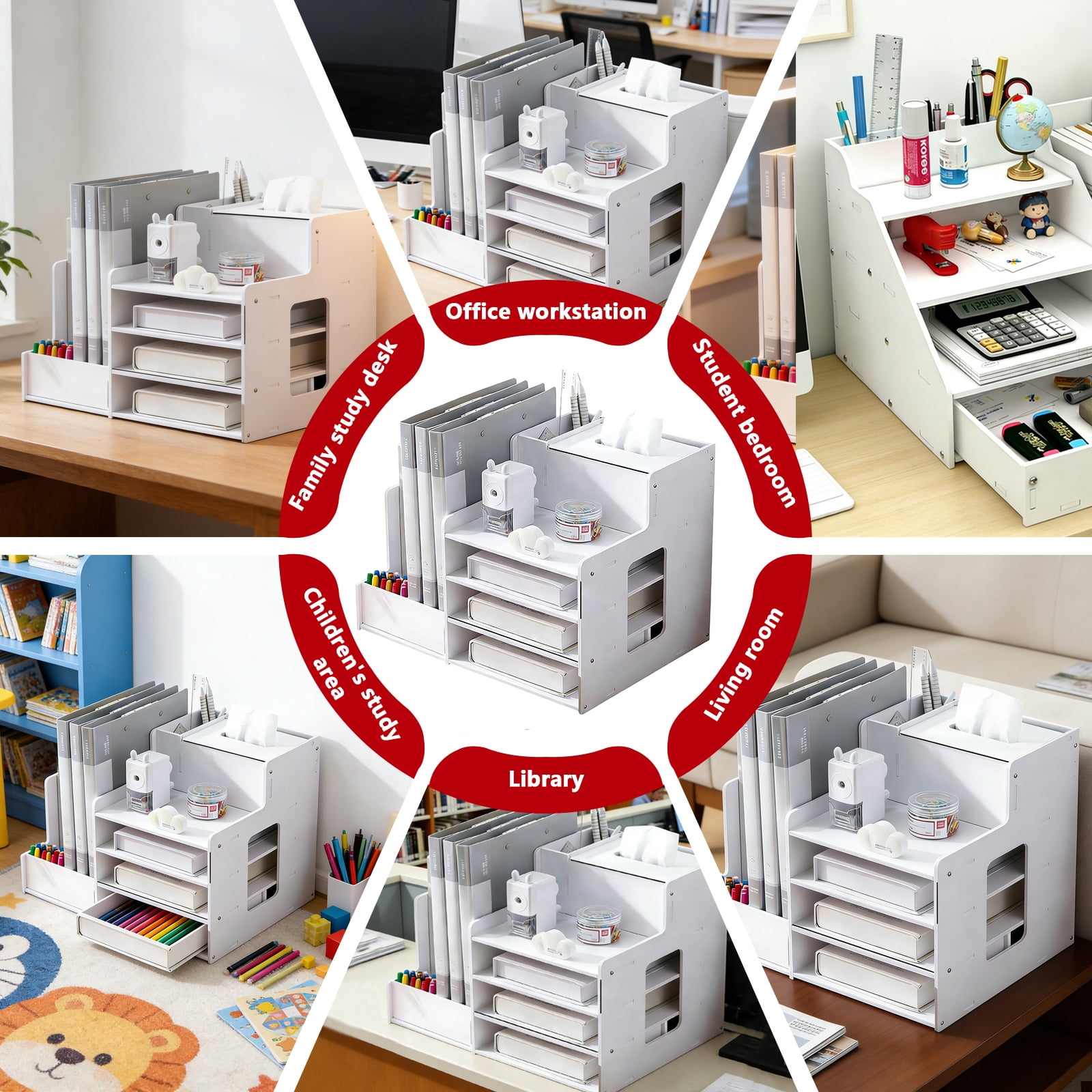 Arcticwind File Shelf,Storage Rack,Office Desktop Organizer, Multi-layer Folder Storage Box,Desktop Organization Gadget,Office Supplies Storage Rack,White, File Shelf with Tissue Box & Pen Holder