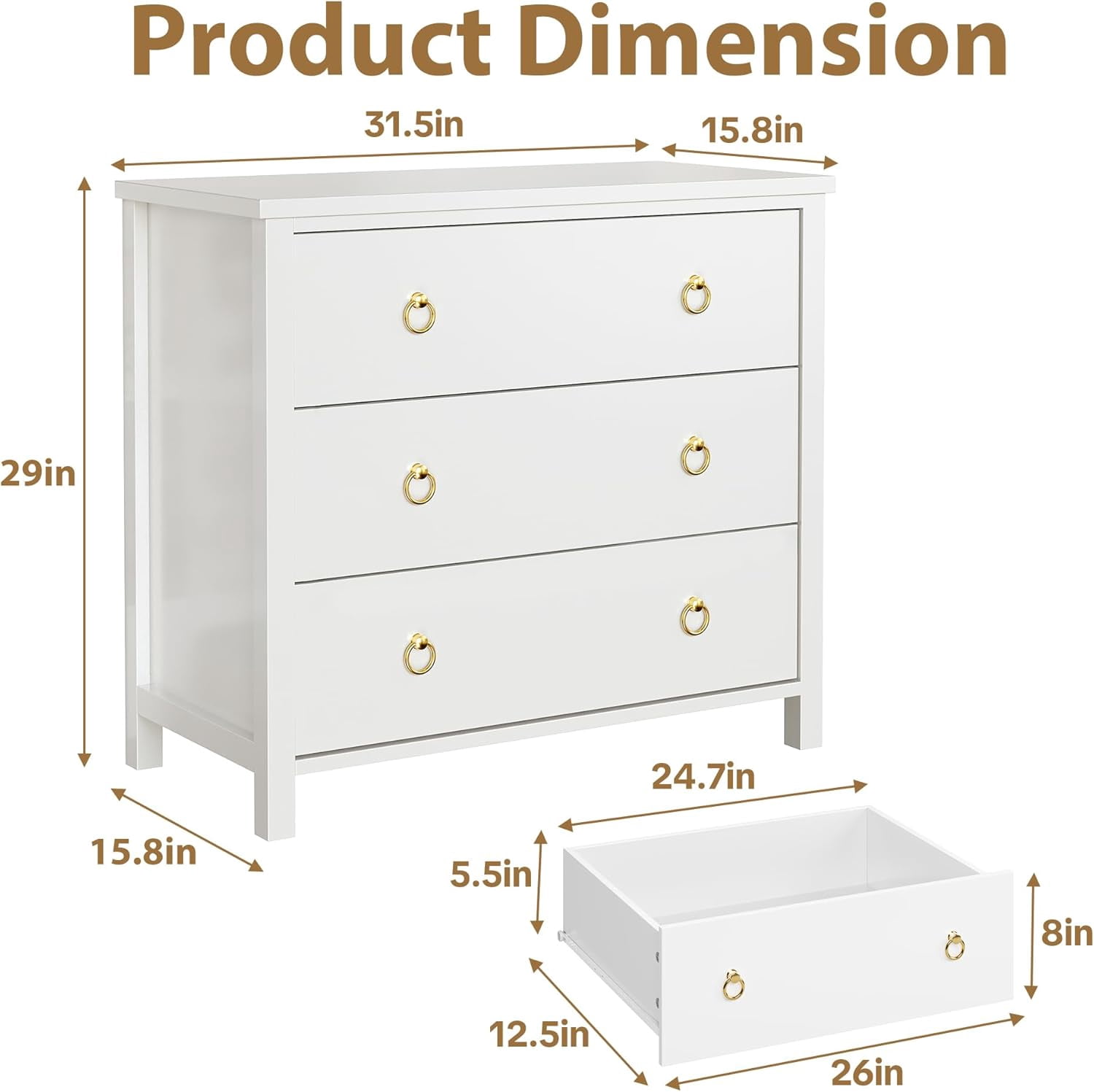 Dresser for Bedroom, Chest of Dressers 29" Tall Dresser for Closet with 3 Drawers Chest with Clothes Storage Cabinet, Drawer Organizer for Bedroom, Living Room, Hallway, White