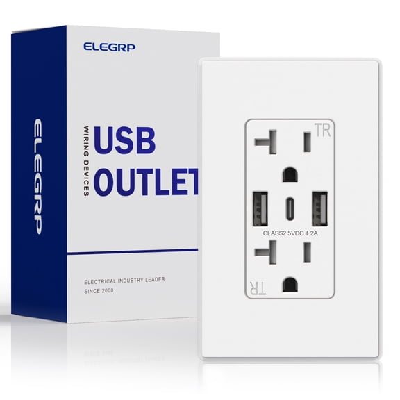 ELEGRP 3 Ports Dual Type A & Type C USB Charger Wall Outlet, 20 Amp Tamper-Resistant Outlet, with Wall Plate, White(1 Pack)