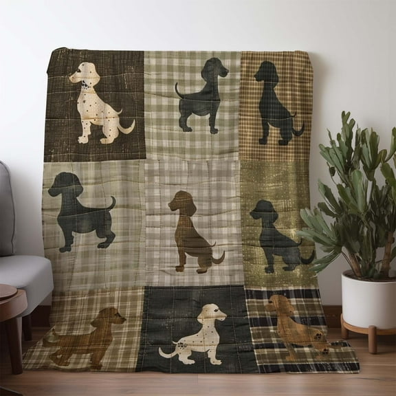 1pc Flannel Blanket - Vintage Dachshund Print Patchwork Design, Soft Warm All-Season Throw for Sofa Bed Car Office Camping, Cozy Gift for Dog Lovers, Dog Blanket