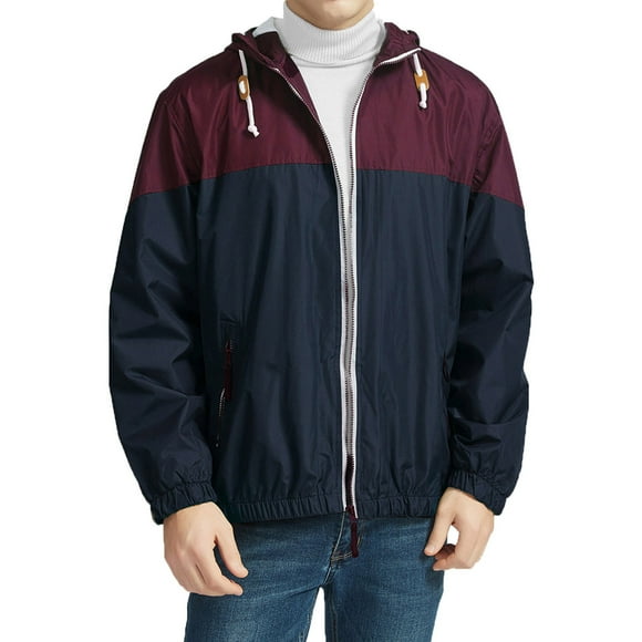 LSLJS Men's Color Matching Thin Fall Outdoor Windbreaker Slim Fitting Long Sleeved Hooded Sun Protection Suit Outdoor Sprinter Jacket Coat( Red, M)