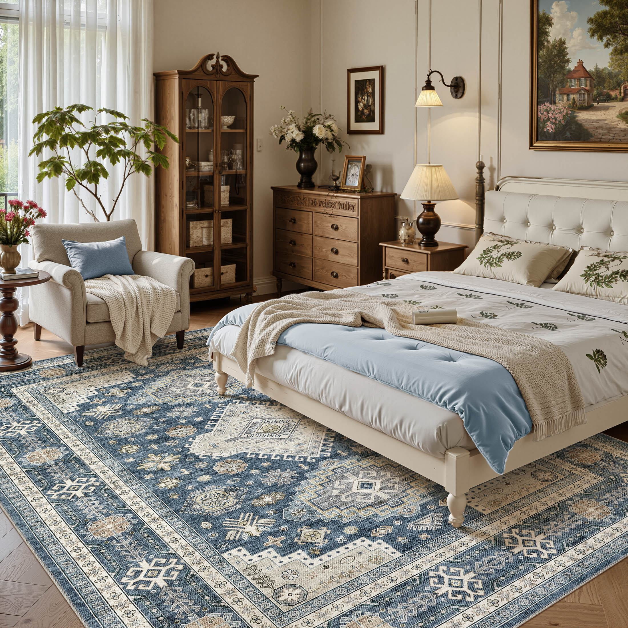 UERMEI 6'x9' Washable Area Rugs for Living Room, Modern and Vintage Non Slip Carpet, Low Pile Indoor Rug for Bedroom Home Decor Carpets, Blue