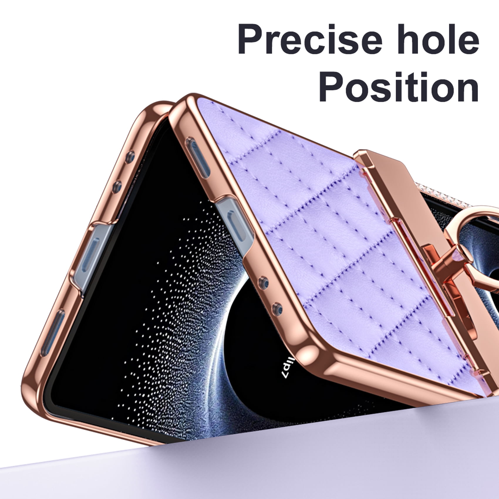 for Samsung Galaxy Z Flip 7 Case Hinge Protection with Finger Ring Holder, Premium PU Leather Hybrid PC All-Inclusive Diamond Bling Phone Case for Samsung Galaxy Z Flip 7 5G, Purple