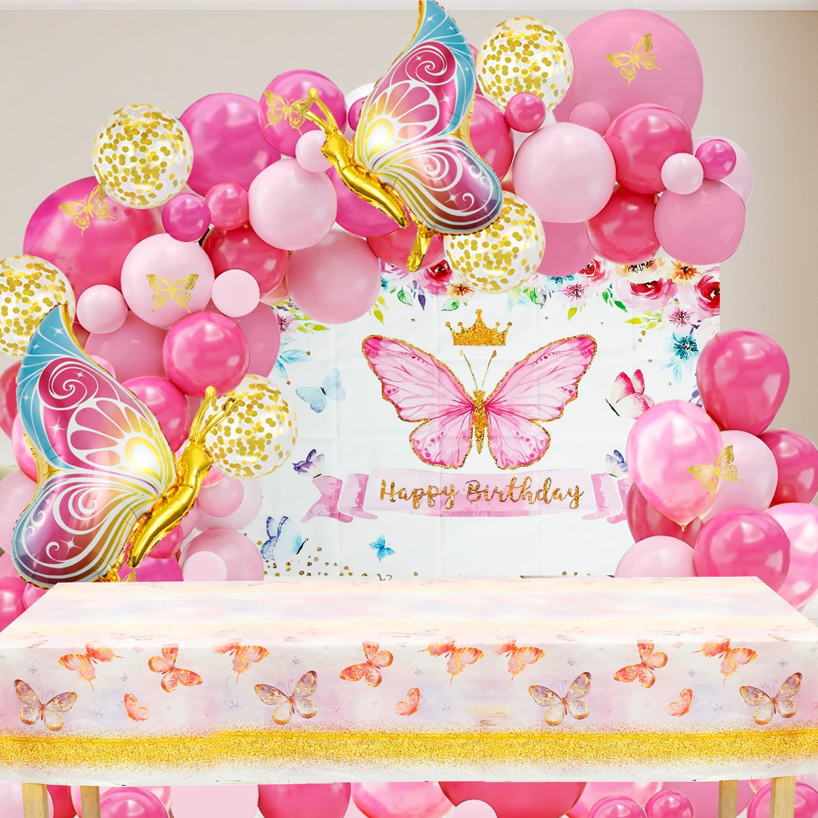 126Pcs Pink Balloon Arch Kit with Foil Butterfly Balloons, Happy Birthday Backdrop & Tablecloth Decorations for Girl's Party