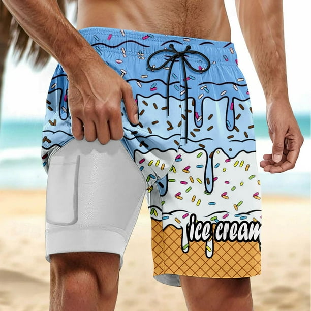 WILLBEST Pantalones Cortos Deportivos para Hombre, para Fiestas de Verano En La Piscina y Playa, Bañador de Doble Capa con Estampado de Hielo Derretido para Días de Playa y Uso Cómodo.