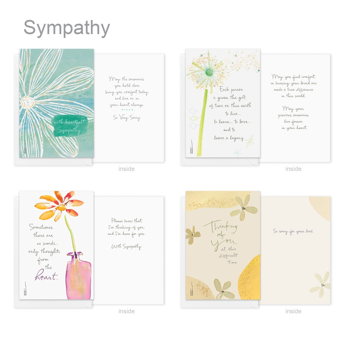 Carlton Cards - Assortiment de 15 cartes de condoléances avec enveloppes et cachets (motifs Kathy Davis, Fleurs aquarelle)