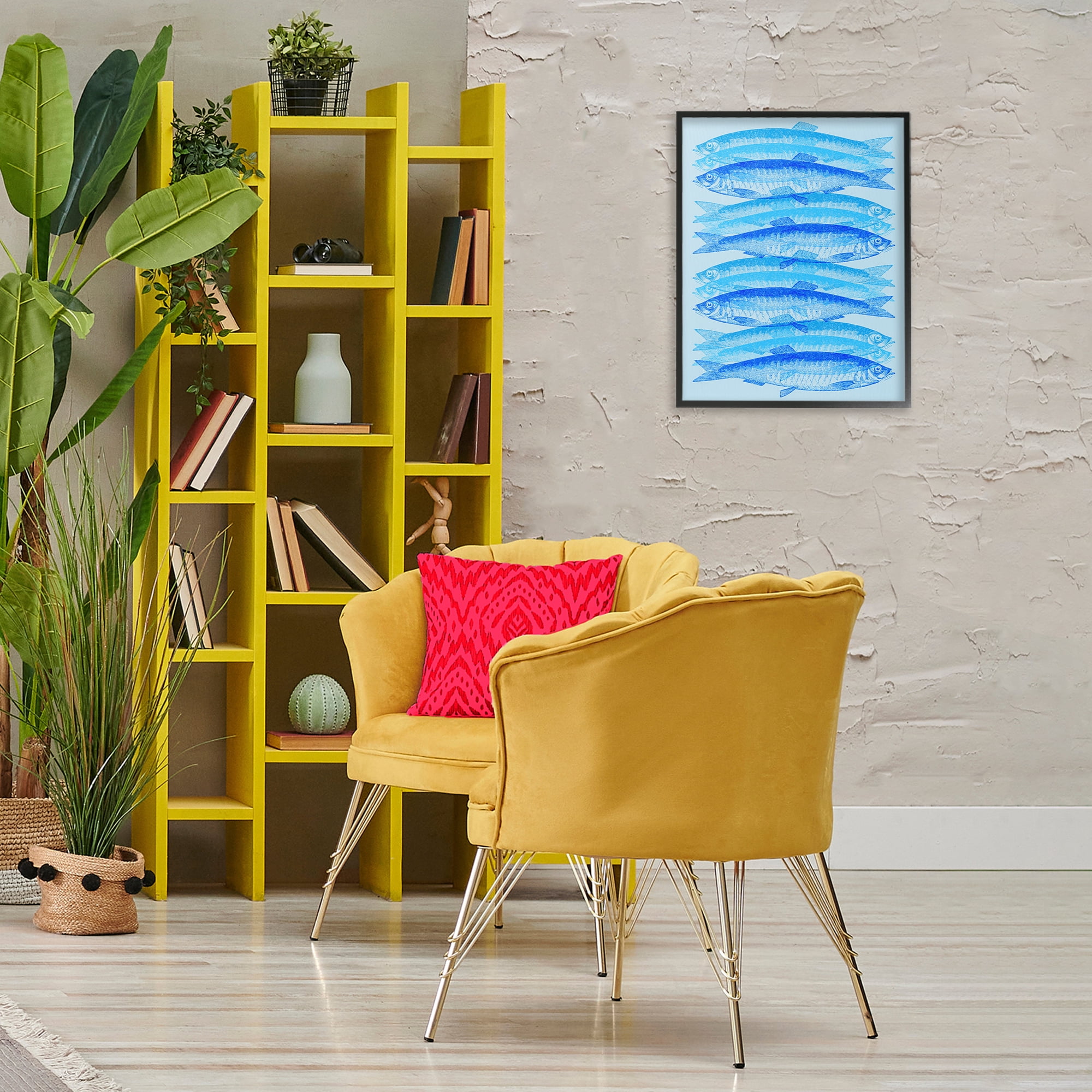 Stupell Industries Blue Layered Fish Animals & Insects Painting Black Framed Art Print Wall Art, 16 x 20