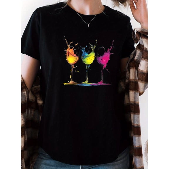 Women's Black Colorful Wine Glasses Graphic Tee Plus Size S-5XL, Artistic Printed T-Shirt, Casual Oversized Top for Wine & Art Lovers