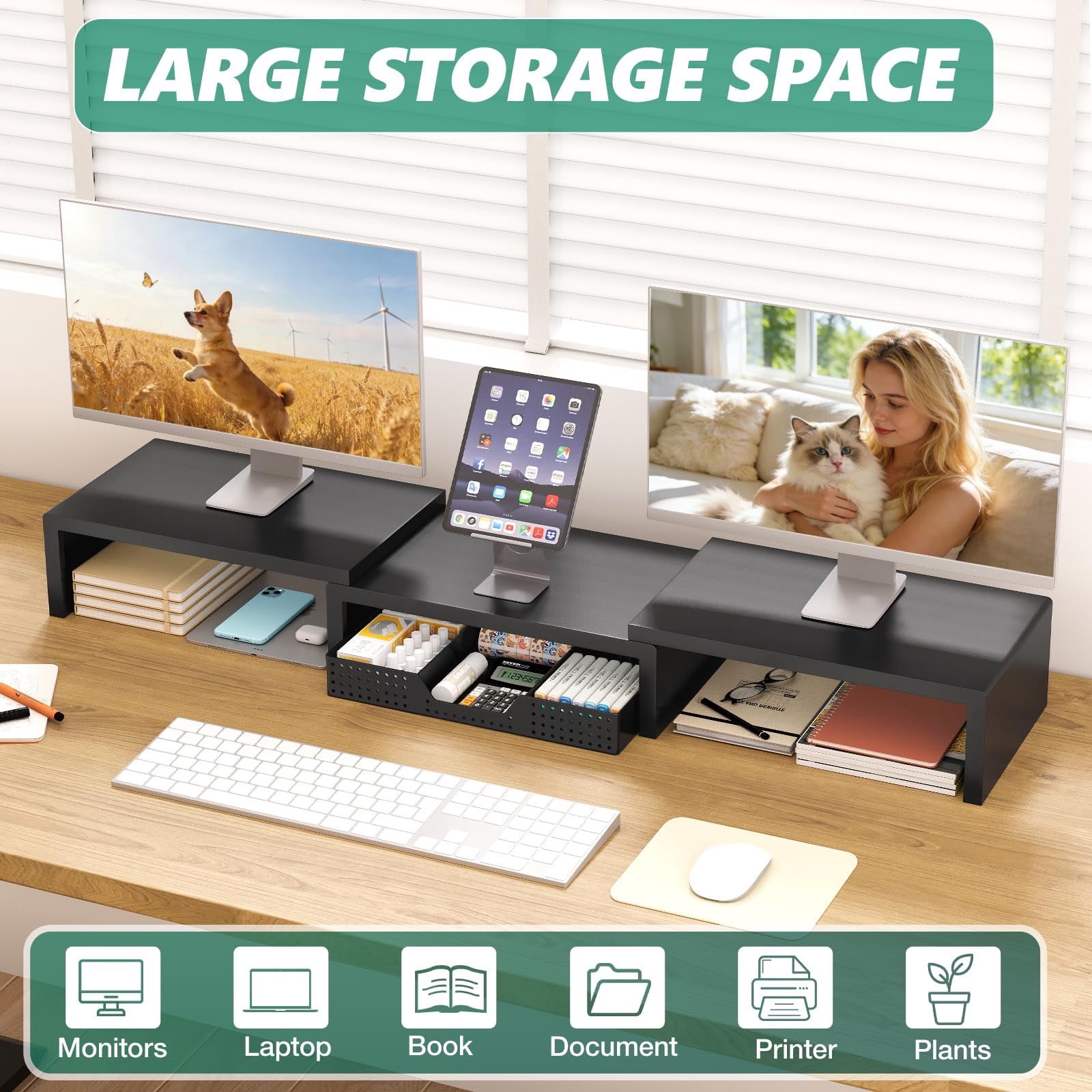 Dual Computer Monitor Stand Riser  Desk Organizer With Drawer Office Accessories & Workspace Organizers For Home Supplies Black