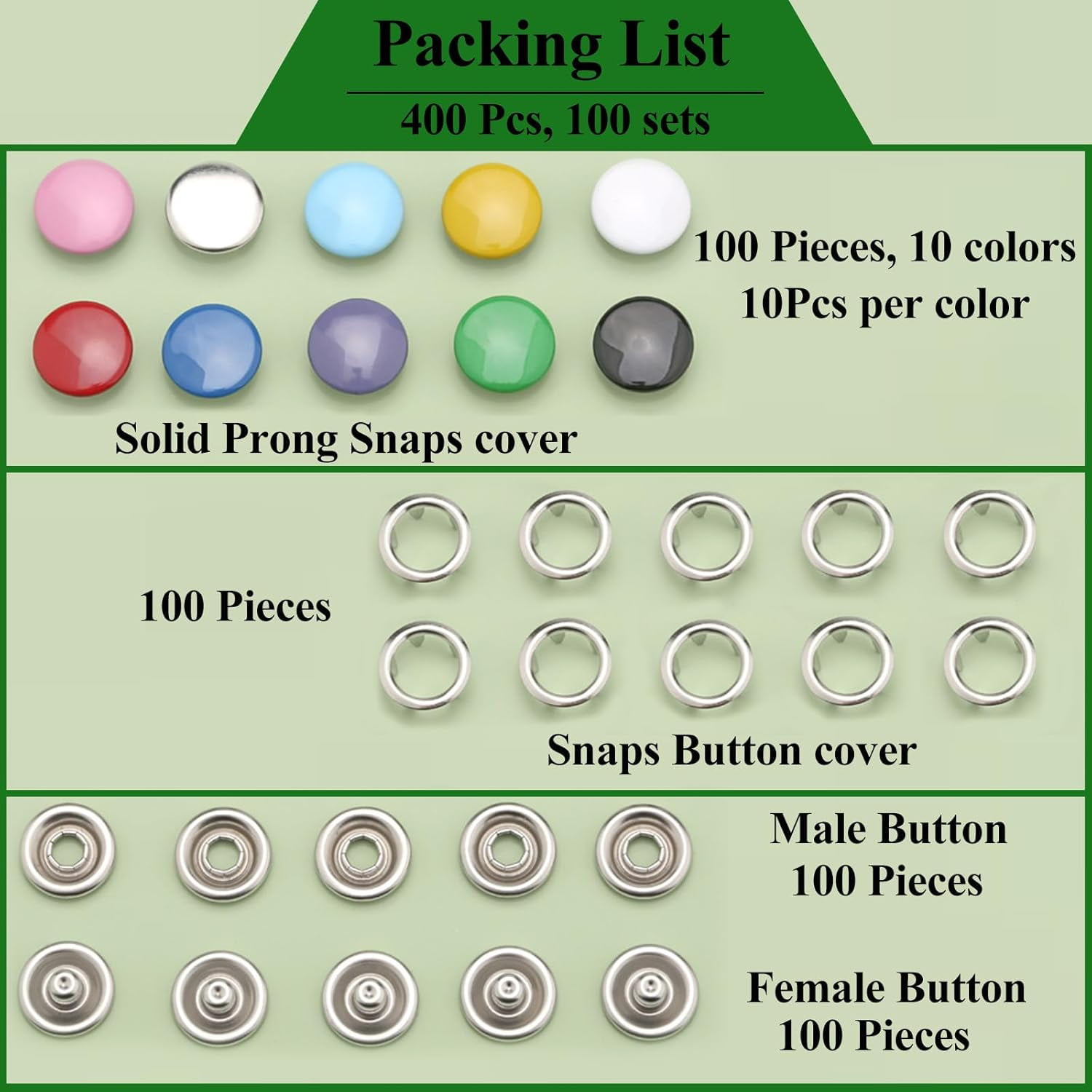 Snaps for Fabric, 100 Sets Metal Snaps Buttons with Fastener Pliers Press Tool Kit, Solid Prong Ring Snap Button Fasteners Kit, Perfect for DIY Crafts Clothes Hats and Sewing(9.5mm / 400 PCS)
