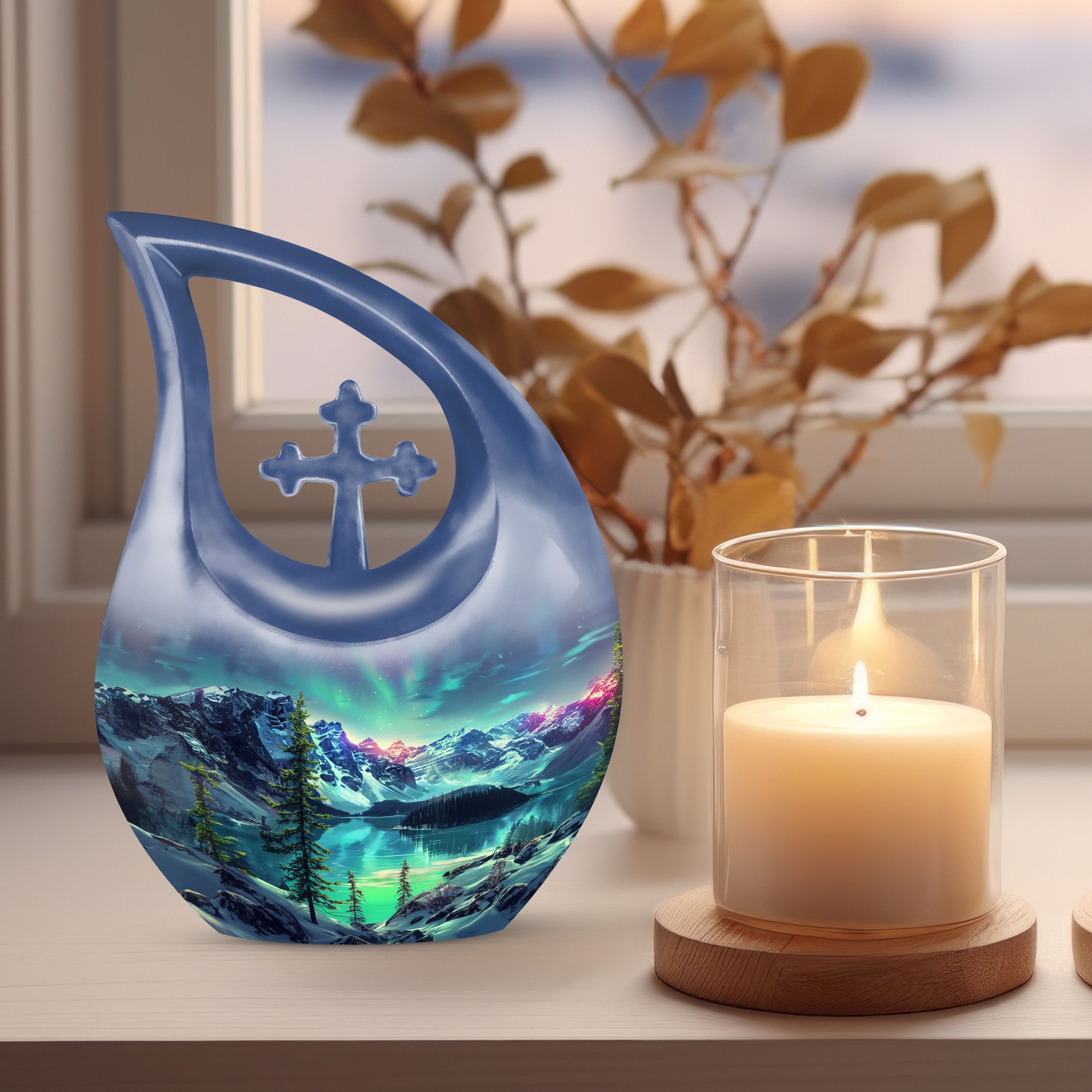 MUKTIVE Aurora Funeral Cremation Urns for Adult Ashes Grandmother - Mountain Memorial Urn for Human Ashes Adult Male & Female - 10 Inch Large Decoration Urn for Human
